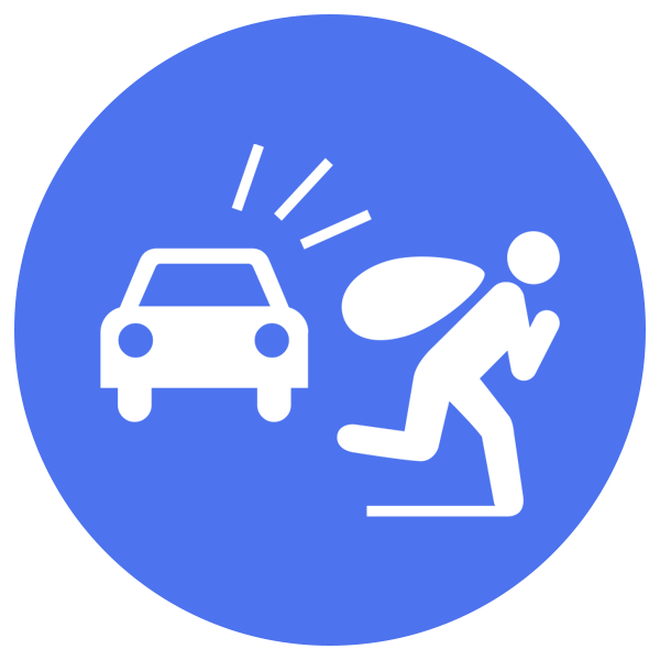 carsDNA.com - White icon of a car and a person running with a bag on a blue circle background