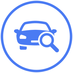 Blue car icon with a magnifying glass inside a blue circle on a white background