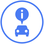 Blue icon of a car with an information symbol inside a circle