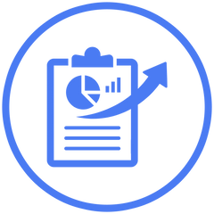 Blue icon of a clipboard with a chart and arrow on a white background