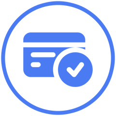 Blue icon of a credit card with a check mark inside a circle on a white background