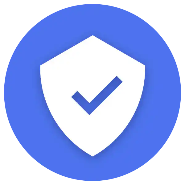 White shield icon with a blue check mark inside a blue circle on a white background